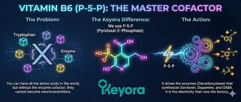 The role of Vitamin B6 as the Master Cofactor in the neural factory. Visualizing P-5-P (Pyridoxal-5’-Phosphate) as the essential spark for neurotransmitter synthesis. Illustrating the conversion of amino acids into Serotonin, Dopamine, and GABA driven by B6 enzymes. Depicting the "electricity" that powers the chemical production line of the brain. Showing the superiority of active P-5-P in ensuring the factory never stops running. The role of Vitamin B6 as the Master Cofactor in the neural factory. Visualizing P-5-P (Pyridoxal-5’-Phosphate) as the essential spark for neurotransmitter synthesis. Illustrating the conversion of amino acids into Serotonin, Dopamine, and GABA driven by B6 enzymes. Depicting the "electricity" that powers the chemical production line of the brain. Showing the superiority of active P-5-P in ensuring the factory never stops running.