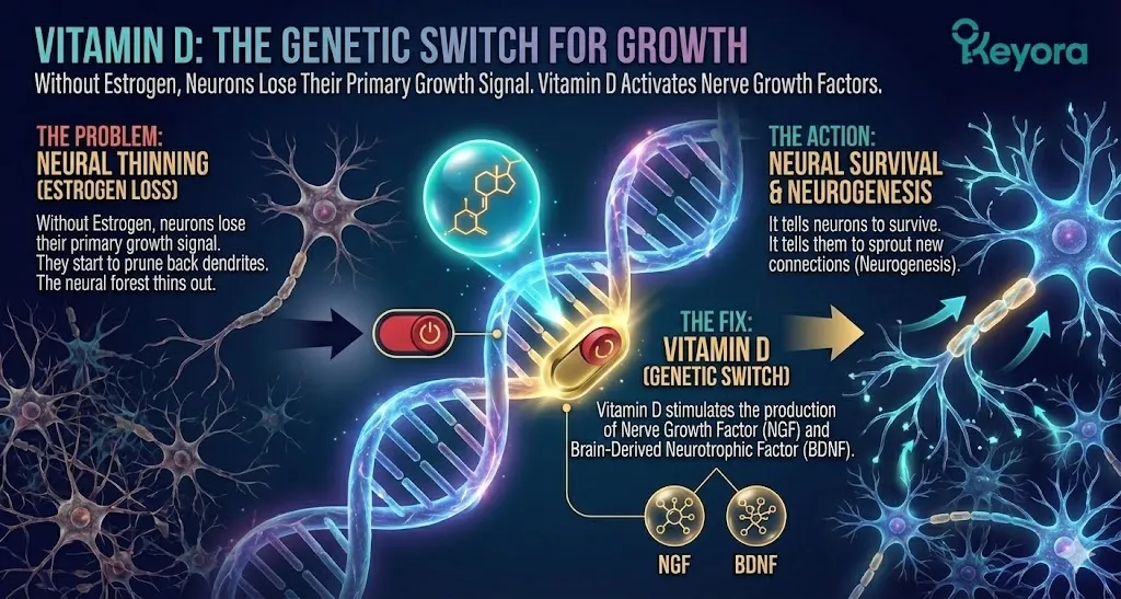 The role of Vitamin D as the genetic switch for neural growth. Visualizing the thinning of the neural forest due to the loss of estrogen’s growth signals. Illustrating Vitamin D stimulating Nerve Growth Factor (NGF) and Brain-Derived Neurotrophic Factor (BDNF). Depicting the process of neurogenesis where neurons sprout new connections and dendrites begin to bloom. Showing the shift from neural pruning to survival and structural expansion. The role of Vitamin D as the genetic switch for neural growth. Visualizing the thinning of the neural forest due to the loss of estrogen’s growth signals. Illustrating Vitamin D stimulating Nerve Growth Factor (NGF) and Brain-Derived Neurotrophic Factor (BDNF). Depicting the process of neurogenesis where neurons sprout new connections and dendrites begin to bloom. Showing the shift from neural pruning to survival and structural expansion.