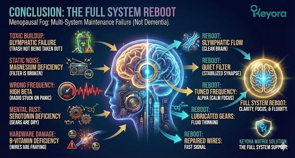 The visual synthesis of the Menopausal Fog multi-system failure. Illustrating the toxic buildup caused by glymphatic failure and deep sleep deprivation. Depicting the static noise resulting from broken NMDA filters and magnesium deficiency. Showing the brain stuck on the wrong frequency of high beta panic waves. Visualizing the mental rust of cognitive rigidity due to serotonin depletion. Mapping the hardware damage of fraying neural wires and B-vitamin deficiency. The visual synthesis of the Menopausal Fog multi-system failure. Illustrating the toxic buildup caused by glymphatic failure and deep sleep deprivation. Depicting the static noise resulting from broken NMDA filters and magnesium deficiency. Showing the brain stuck on the wrong frequency of high beta panic waves. Visualizing the mental rust of cognitive rigidity due to serotonin depletion. Mapping the hardware damage of fraying neural wires and B-vitamin deficiency.
