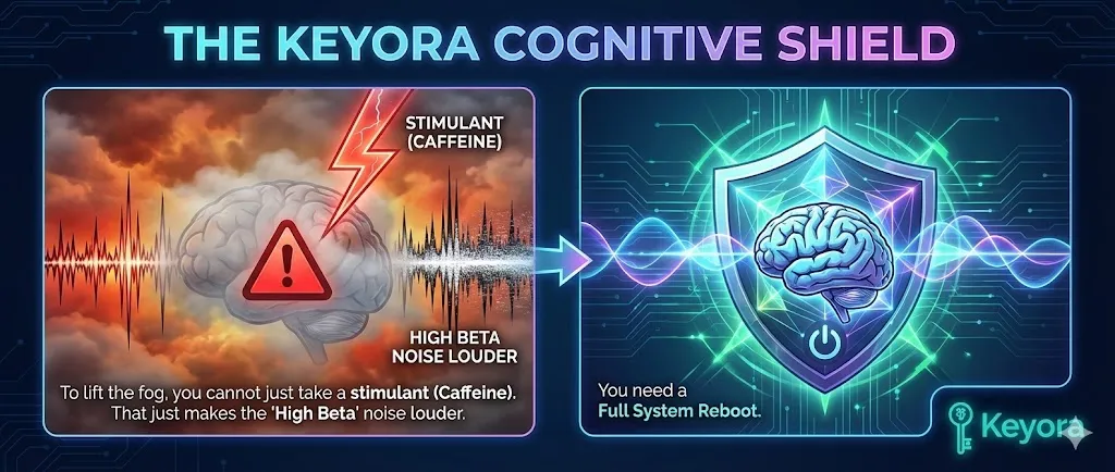 The visual distinction between artificial stimulants and a full cognitive system reboot. Illustrating how caffeine increases High Beta noise without clearing the underlying fog. Depicting the Keyora approach of systemic restoration rather than temporary stimulation. Mapping the comprehensive reboot of the brain's internal cognitive architecture. Showing the shift from louder neural noise to deep, quiet mental clarity. The visual distinction between artificial stimulants and a full cognitive system reboot. Illustrating how caffeine increases High Beta noise without clearing the underlying fog. Depicting the Keyora approach of systemic restoration rather than temporary stimulation. Mapping the comprehensive reboot of the brain's internal cognitive architecture. Showing the shift from louder neural noise to deep, quiet mental clarity.