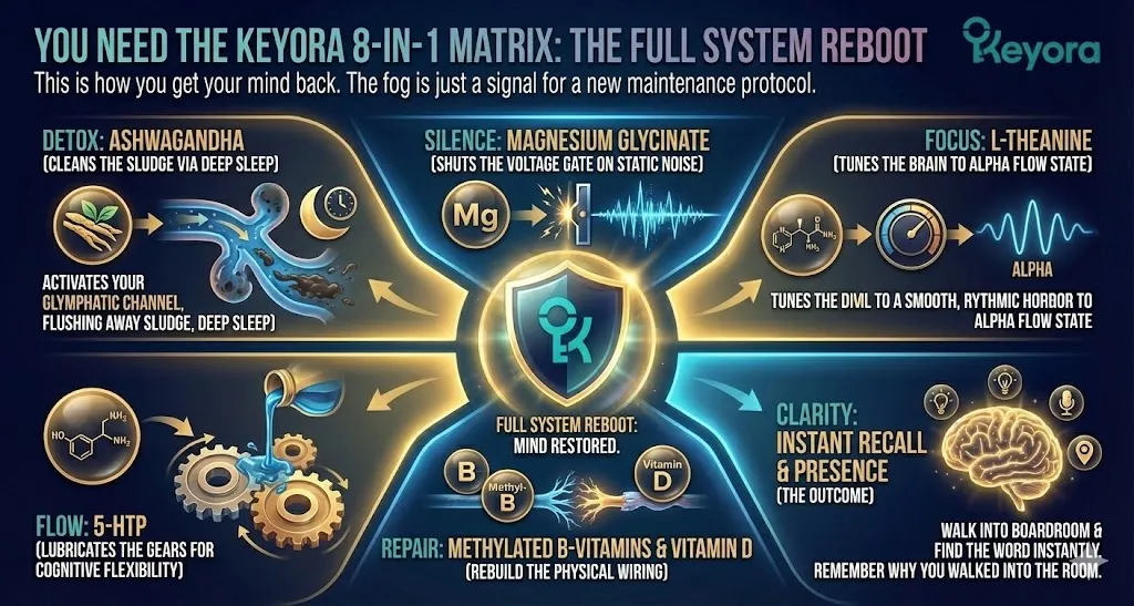 The visual synthesis of the Keyora 8-in-1 Matrix for cognitive restoration. Illustrating the transition from a fog-filled mind to absolute boardroom confidence. Depicting the synchronized action of detox, silence, focus, flow, and repair within the neural architecture. Showing the moment of instant word retrieval and clear intentional memory. Visualizing the brain under a new maintenance protocol that rejects the destiny of decline. The visual synthesis of the Keyora 8-in-1 Matrix for cognitive restoration. Illustrating the transition from a fog-filled mind to absolute boardroom confidence. Depicting the synchronized action of detox, silence, focus, flow, and repair within the neural architecture. Showing the moment of instant word retrieval and clear intentional memory. Visualizing the brain under a new maintenance protocol that rejects the destiny of decline.