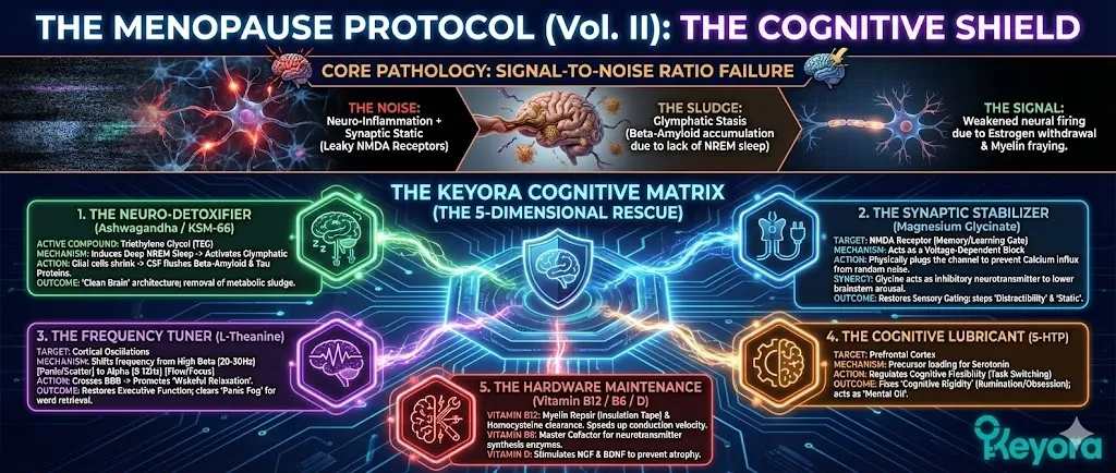 The comprehensive architecture of the Keyora Cognitive Matrix. Visualizing the 5-dimensional rescue from neuro-inflammation, synaptic static, and glymphatic stasis. Illustrating the transition from a high-noise, high-sludge brain to a high-signal, clean-architecture state. Depicting the synergy between biological detox, synaptic stability, frequency tuning, and hardware repair. The comprehensive architecture of the Keyora Cognitive Matrix. Visualizing the 5-dimensional rescue from neuro-inflammation, synaptic static, and glymphatic stasis. Illustrating the transition from a high-noise, high-sludge brain to a high-signal, clean-architecture state. Depicting the synergy between biological detox, synaptic stability, frequency tuning, and hardware repair.