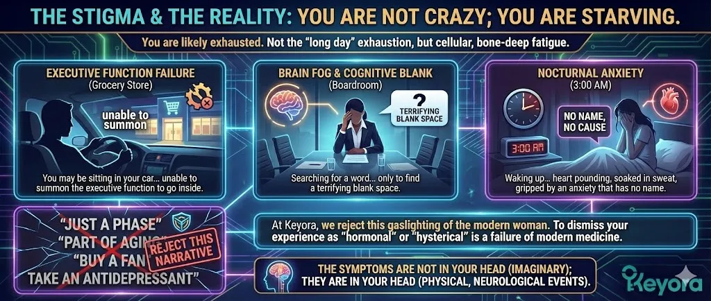 The Stigma and The Reality section addresses the cellular exhaustion and cognitive decline experienced by high-functioning women, reframing "Brain Fog" and 3:00 AM anxiety as physical neurological events rather than psychological failings. It challenges the medical gaslighting that dismisses these symptoms as "just a phase," positing instead that the nervous system is "starving" for specific biochemical precursors. The text highlights the collapse of executive function and the HPA axis's role in cortisol spikes, advocating for a biological restoration through the Keyora Matrix to fix the "Physical, Neurological Events" occurring in the brain. The Stigma and The Reality section addresses the cellular exhaustion and cognitive decline experienced by high-functioning women, reframing "Brain Fog" and 3:00 AM anxiety as physical neurological events rather than psychological failings. It challenges the medical gaslighting that dismisses these symptoms as "just a phase," positing instead that the nervous system is "starving" for specific biochemical precursors. The text highlights the collapse of executive function and the HPA axis's role in cortisol spikes, advocating for a biological restoration through the Keyora Matrix to fix the "Physical, Neurological Events" occurring in the brain.