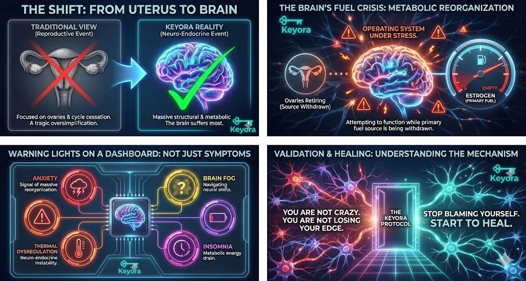The Shift: From Uterus to Brain section reframes menopause as a primary neurological event rather than a reproductive one. It asserts that while ovaries retire, the brain suffers most, undergoing a massive structural and metabolic reorganization. Symptoms like anxiety, brain fog, and thermal dysregulation are described as warning lights for an "operating system" change where the brain's primary fuel source is withdrawn. By viewing this as a seismic neuro-endocrine event instead of a reproductive failure, the Keyora Protocol uses hard science to strip away social stigma, explaining the biological mechanism to stop self-blame and initiate healing of the neurological system. The Shift: From Uterus to Brain section reframes menopause as a primary neurological event rather than a reproductive one. It asserts that while ovaries retire, the brain suffers most, undergoing a massive structural and metabolic reorganization. Symptoms like anxiety, brain fog, and thermal dysregulation are described as warning lights for an "operating system" change where the brain's primary fuel source is withdrawn. By viewing this as a seismic neuro-endocrine event instead of a reproductive failure, the Keyora Protocol uses hard science to strip away social stigma, explaining the biological mechanism to stop self-blame and initiate healing of the neurological system.