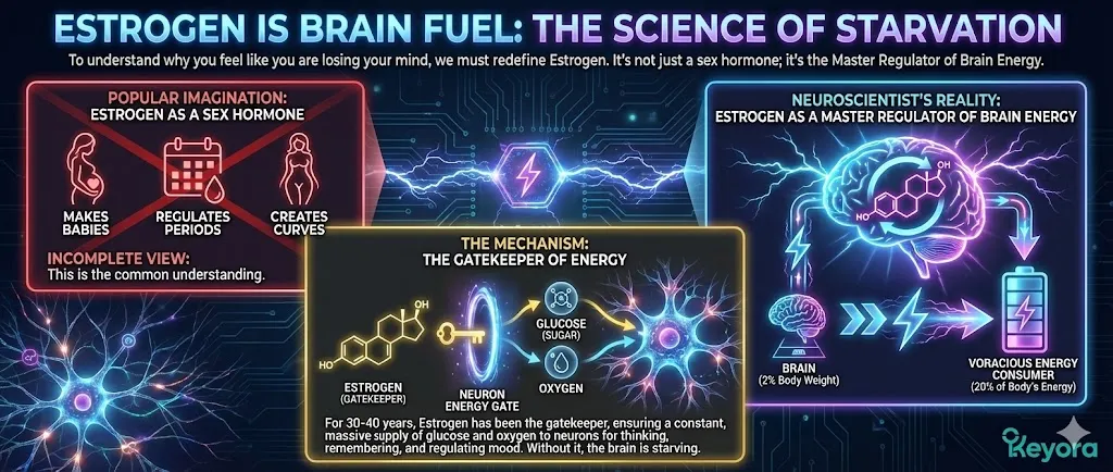 The Science of Starvation section redefines Estrogen as a Master Regulator of Brain Energy rather than just a reproductive hormone. It explains that the brain, a high-performance engine consuming 20% of the body's energy, relies on Estrogen as a gatekeeper for glucose and oxygen . When Estrogen levels drop, neurons face a massive energy deficit, leading to cognitive decline and mood dysregulation. This metabolic shift explains why menopause feels like a "starving" of the brain's essential fuel, causing the symptoms often mistaken for mental instability. The Science of Starvation section redefines Estrogen as a Master Regulator of Brain Energy rather than just a reproductive hormone. It explains that the brain, a high-performance engine consuming 20% of the body's energy, relies on Estrogen as a gatekeeper for glucose and oxygen . When Estrogen levels drop, neurons face a massive energy deficit, leading to cognitive decline and mood dysregulation. This metabolic shift explains why menopause feels like a "starving" of the brain's essential fuel, causing the symptoms often mistaken for mental instability.