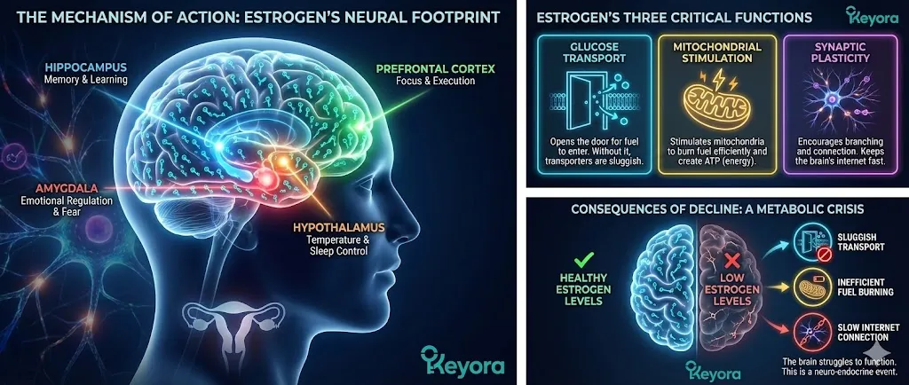 The Mechanism of Action explains how Estrogen receptors are densely packed in critical brain regions like the Hippocampus, Amygdala, Hypothalamus, and Prefrontal Cortex . Estrogen performs three vital tasks: it drives glucose transport into neurons, stimulates mitochondria to produce ATP energy, and maintains synaptic plasticity for fast neural connections. When Estrogen declines, glucose transporters become sluggish and mitochondrial efficiency drops, leading to the memory loss, emotional instability, and focus issues characteristic of the menopausal energy crisis. The Mechanism of Action explains how Estrogen receptors are densely packed in critical brain regions like the Hippocampus, Amygdala, Hypothalamus, and Prefrontal Cortex . Estrogen performs three vital tasks: it drives glucose transport into neurons, stimulates mitochondria to produce ATP energy, and maintains synaptic plasticity for fast neural connections. When Estrogen declines, glucose transporters become sluggish and mitochondrial efficiency drops, leading to the memory loss, emotional instability, and focus issues characteristic of the menopausal energy crisis.