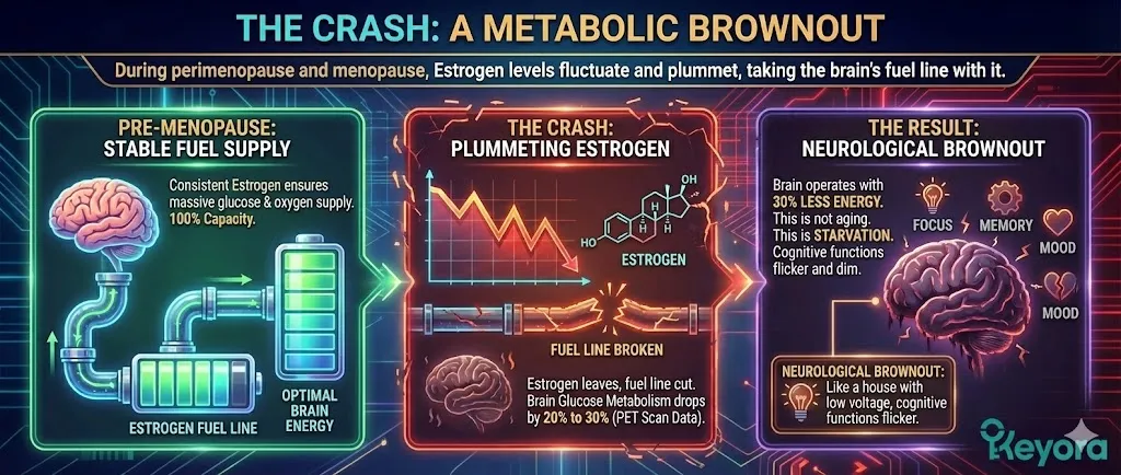 The Metabolic Brownout section describes the dramatic plummet of Estrogen during perimenopause as the withdrawal of the brain's primary fuel line. Neuro-imaging PET scans reveal that Brain Glucose Metabolism drops by 20% to 30% during this transition . This significant energy deficit is framed as a neurological "Brownout," where cognitive functions flicker and dim because the brain is physically starving for energy. This data-driven perspective shifts the narrative from natural aging to a measurable metabolic crisis in the brain's power grid. The Metabolic Brownout section describes the dramatic plummet of Estrogen during perimenopause as the withdrawal of the brain's primary fuel line. Neuro-imaging PET scans reveal that Brain Glucose Metabolism drops by 20% to 30% during this transition . This significant energy deficit is framed as a neurological "Brownout," where cognitive functions flicker and dim because the brain is physically starving for energy. This data-driven perspective shifts the narrative from natural aging to a measurable metabolic crisis in the brain's power grid.
