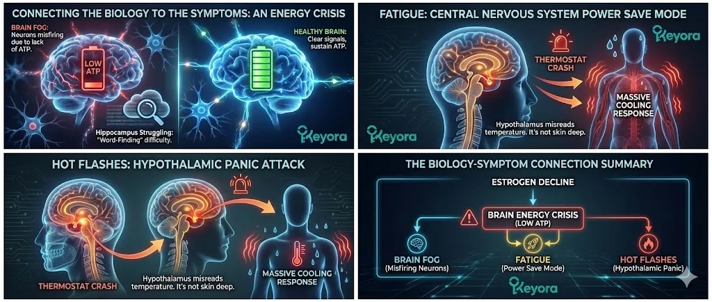 Connecting Biology to Symptoms explains menopause as a neurological energy crisis where common symptoms are survival responses . Brain fog and word-finding issues arise from ATP-starved neurons in the Hippocampus, while fatigue is the nervous system entering "Power Save Mode." Hot flashes are redefined as Hypothalamic Panic Attacks caused by energy instability; because the Hypothalamus is rich in estrogen receptors, its temperature regulation "crashes" without fuel, triggering false cooling responses like sweating and vessel dilation. Connecting Biology to Symptoms explains menopause as a neurological energy crisis where common symptoms are survival responses . Brain fog and word-finding issues arise from ATP-starved neurons in the Hippocampus, while fatigue is the nervous system entering "Power Save Mode." Hot flashes are redefined as Hypothalamic Panic Attacks caused by energy instability; because the Hypothalamus is rich in estrogen receptors, its temperature regulation "crashes" without fuel, triggering false cooling responses like sweating and vessel dilation.