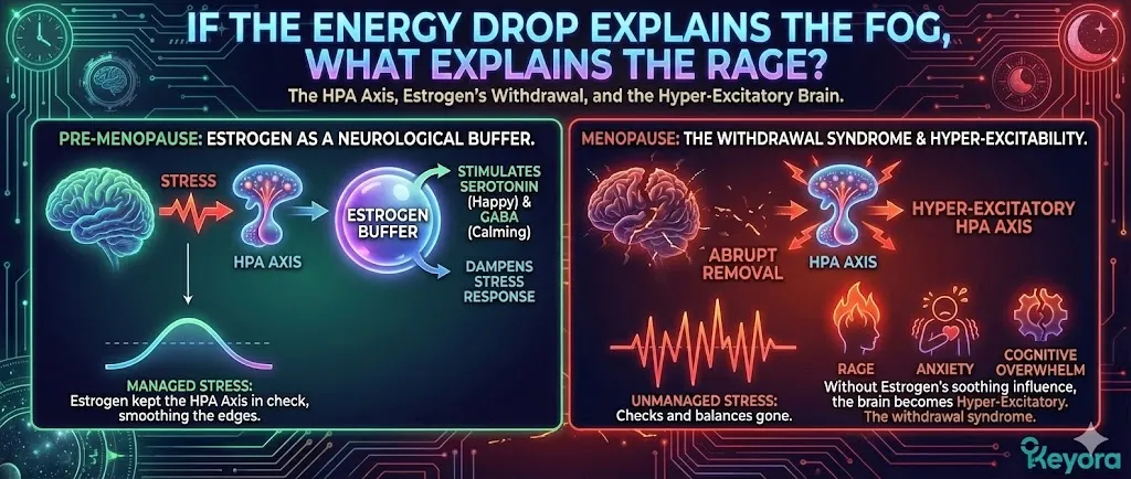 The Withdrawal Syndrome section explains menopausal rage and anxiety as the loss of Estrogen's role as a neurological buffer for the HPA Axis . For decades, Estrogen stimulated Serotonin and GABA production while dampening Cortisol spikes; its removal is biologically comparable to a withdrawal syndrome. Without this neuro-steroid to smooth the edges of stress, the brain enters a hyper-excitatory state where the HPA Axis becomes unchecked, making previously manageable stress feel overwhelming and triggering sudden, intense emotional responses. The Withdrawal Syndrome section explains menopausal rage and anxiety as the loss of Estrogen's role as a neurological buffer for the HPA Axis . For decades, Estrogen stimulated Serotonin and GABA production while dampening Cortisol spikes; its removal is biologically comparable to a withdrawal syndrome. Without this neuro-steroid to smooth the edges of stress, the brain enters a hyper-excitatory state where the HPA Axis becomes unchecked, making previously manageable stress feel overwhelming and triggering sudden, intense emotional responses.