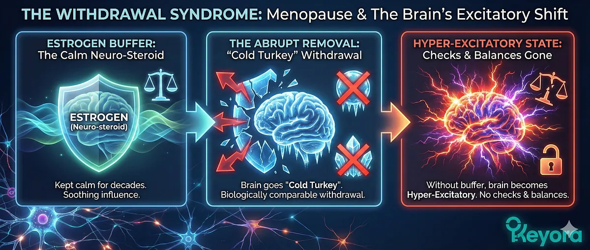 The Rogue Axis section details HPA Axis Dysregulation, where the brain's energy drop triggers a survival alarm. Feeling "unsafe," the brain signals adrenal glands to release cortisol, creating a vicious cycle of starvation, panic, and stress hormone flooding . Without the estrogen buffer to manage high external responsibilities—like career and family—the internal biology generates its own constant panic signal, leading to the overwhelming anxiety and decreased stress tolerance characteristic of menopause. The Rogue Axis section details HPA Axis Dysregulation, where the brain's energy drop triggers a survival alarm. Feeling "unsafe," the brain signals adrenal glands to release cortisol, creating a vicious cycle of starvation, panic, and stress hormone flooding . Without the estrogen buffer to manage high external responsibilities—like career and family—the internal biology generates its own constant panic signal, leading to the overwhelming anxiety and decreased stress tolerance characteristic of menopause.