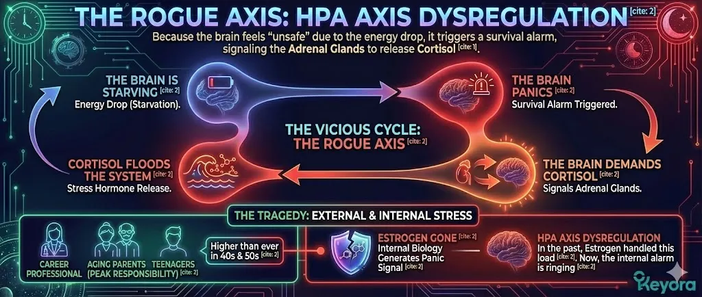 The Withdrawal Syndrome section explains menopausal rage and anxiety as the loss of estrogen's role as a neurological buffer for the HPA Axis. For decades, estrogen acted as a soothing neuro-steroid, stimulating serotonin and GABA while dampening cortisol spikes. Its removal is biologically comparable to a withdrawal syndrome where the brain goes cold turkey off its primary calming agent . Without this buffer, the brain enters a hyper-excitatory state, losing the checks and balances required to manage stress and emotional stability, leading to sudden anxiety and a decreased ability to cope with daily pressures. The Withdrawal Syndrome section explains menopausal rage and anxiety as the loss of estrogen's role as a neurological buffer for the HPA Axis. For decades, estrogen acted as a soothing neuro-steroid, stimulating serotonin and GABA while dampening cortisol spikes. Its removal is biologically comparable to a withdrawal syndrome where the brain goes cold turkey off its primary calming agent . Without this buffer, the brain enters a hyper-excitatory state, losing the checks and balances required to manage stress and emotional stability, leading to sudden anxiety and a decreased ability to cope with daily pressures.