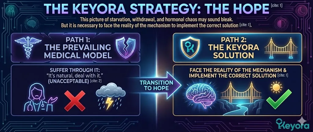 The Keyora Strategy: The Hope acknowledges the reality of brain starvation and hormonal chaos while rejecting the traditional medical advice to simply "suffer through" the transition. It frames the understanding of these biological mechanisms as the necessary first step toward implementing a precise, data-driven solution. . By identifying the specific neurological causes of symptoms, Keyora creates a roadmap to recovery that moves beyond the unacceptable narrative that menopausal suffering is an inevitable part of nature. The Keyora Strategy: The Hope acknowledges the reality of brain starvation and hormonal chaos while rejecting the traditional medical advice to simply "suffer through" the transition. It frames the understanding of these biological mechanisms as the necessary first step toward implementing a precise, data-driven solution. . By identifying the specific neurological causes of symptoms, Keyora creates a roadmap to recovery that moves beyond the unacceptable narrative that menopausal suffering is an inevitable part of nature.