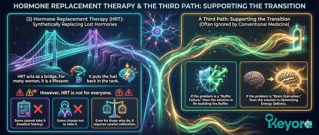 The third path of the Keyora strategy focuses on rebuilding the neurological buffer and optimizing energy delivery during the menopausal transition. While HRT acts as a synthetic fuel bridge, it is not accessible or preferred by everyone. Keyora provides an alternative biological support system . By targeting the "Buffer Failure" and "Brain Starvation" directly, this approach aims to stabilize the nervous system and restore metabolic efficiency, offering a clinical solution for those who cannot or choose not to use synthetic hormones. The third path of the Keyora strategy focuses on rebuilding the neurological buffer and optimizing energy delivery during the menopausal transition. While HRT acts as a synthetic fuel bridge, it is not accessible or preferred by everyone. Keyora provides an alternative biological support system . By targeting the "Buffer Failure" and "Brain Starvation" directly, this approach aims to stabilize the nervous system and restore metabolic efficiency, offering a clinical solution for those who cannot or choose not to use synthetic hormones.