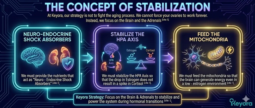 The Concept of Stabilization section outlines Keyora's strategy to focus on the brain and adrenal glands rather than fighting the natural aging process. By providing nutrients that act as "Neuro-Endocrine Shock Absorbers," the protocol aims to stabilize the HPA Axis and prevent cortisol spikes during estrogen decline. The goal is to feed the mitochondria directly, allowing the brain to generate essential ATP and maintain stability even as its primary hormonal fuel source diminishes, preventing the "starvation" state. The Concept of Stabilization section outlines Keyora's strategy to focus on the brain and adrenal glands rather than fighting the natural aging process. By providing nutrients that act as "Neuro-Endocrine Shock Absorbers," the protocol aims to stabilize the HPA Axis and prevent cortisol spikes during estrogen decline. The goal is to feed the mitochondria directly, allowing the brain to generate essential ATP and maintain stability even as its primary hormonal fuel source diminishes, preventing the "starvation" state.