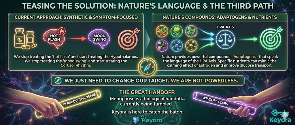 Teasing the Solution presents a non-synthetic approach to menopausal stability by using adaptogens and specific nutrients to mimic estrogen's calming effects and improve neural glucose transport. The strategy shifts from treating isolated symptoms like hot flashes to treating the underlying brain regions like the Hypothalamus and the Cortisol Rhythm. It frames menopause as a "Great Handoff" that requires biochemical support to ensure the brain successfully transitions from reproductive functions to long-term cognitive stability. Teasing the Solution presents a non-synthetic approach to menopausal stability by using adaptogens and specific nutrients to mimic estrogen's calming effects and improve neural glucose transport. The strategy shifts from treating isolated symptoms like hot flashes to treating the underlying brain regions like the Hypothalamus and the Cortisol Rhythm. It frames menopause as a "Great Handoff" that requires biochemical support to ensure the brain successfully transitions from reproductive functions to long-term cognitive stability.