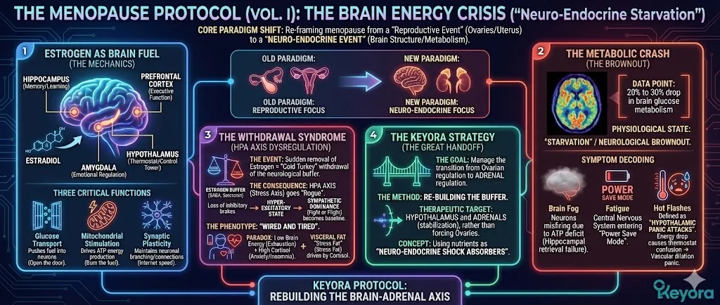 The Menopause Protocol (Vol. I) redefines menopause as a neuro-endocrine energy crisis rather than just a reproductive event. It explains that Estradiol is a master regulator of brain energy, and its decline causes a 20% to 30% drop in brain glucose metabolism, leading to a "neurological brownout." This starvation state triggers symptoms like brain fog (ATP deficit), fatigue (Power Save Mode), and hot flashes (Hypothalamic Panic Attacks). The Keyora strategy focuses on "The Great Handoff," using nutrients as neuro-endocrine shock absorbers to stabilize the HPA axis, rebuild the neurological buffer, and transition from ovarian to adrenal regulation without the "wired and tired" cortisol spikes. The Menopause Protocol (Vol. I) redefines menopause as a neuro-endocrine energy crisis rather than just a reproductive event. It explains that Estradiol is a master regulator of brain energy, and its decline causes a 20% to 30% drop in brain glucose metabolism, leading to a "neurological brownout." This starvation state triggers symptoms like brain fog (ATP deficit), fatigue (Power Save Mode), and hot flashes (Hypothalamic Panic Attacks). The Keyora strategy focuses on "The Great Handoff," using nutrients as neuro-endocrine shock absorbers to stabilize the HPA axis, rebuild the neurological buffer, and transition from ovarian to adrenal regulation without the "wired and tired" cortisol spikes.