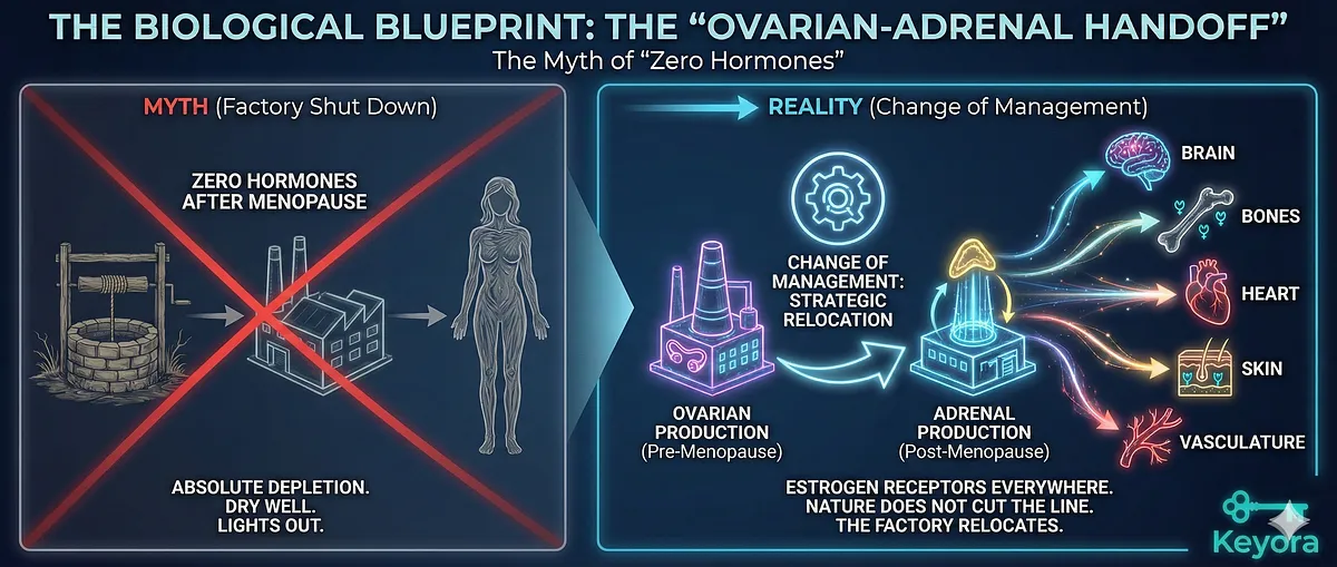 The Ovarian-Adrenal Handoff section dismantles the myth of absolute hormone depletion during menopause. It explains that the body doesn't stop producing estrogen; it undergoes a "Change of Management." Nature strategically shifts production to ensure the estrogen receptors in the brain, bones, and heart remain supported through a biological handoff. The Ovarian-Adrenal Handoff section dismantles the myth of absolute hormone depletion during menopause. It explains that the body doesn't stop producing estrogen; it undergoes a "Change of Management." Nature strategically shifts production to ensure the estrogen receptors in the brain, bones, and heart remain supported through a biological handoff.