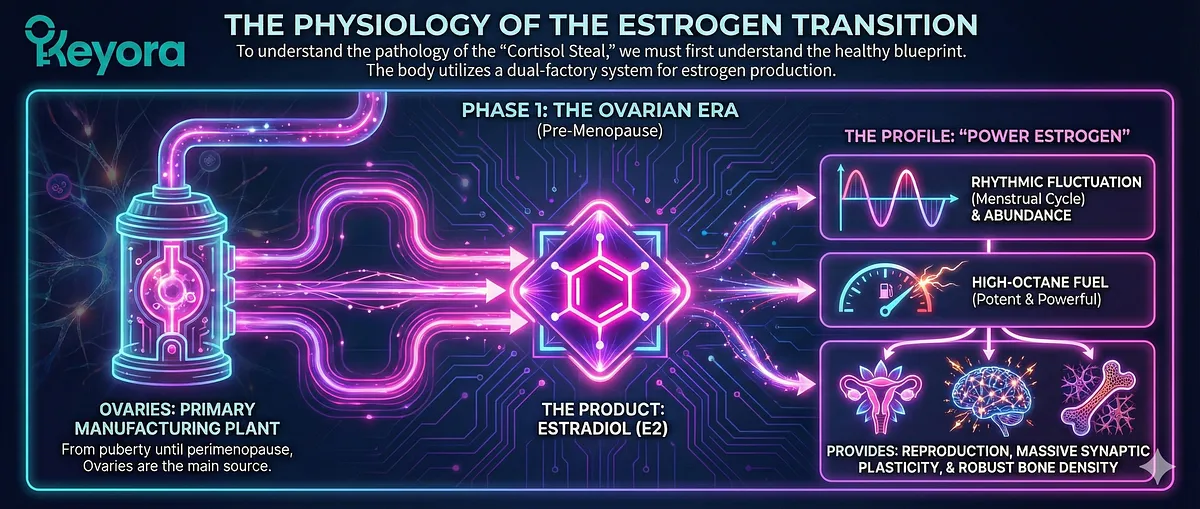 The Physiology of the Estrogen Transition defines the "Ovarian Era" where the ovaries act as the primary manufacturing plant for Estradiol (E2). E2 is described as "Power Estrogen," providing high-octane fuel for reproduction, synaptic plasticity, and bone density before the transition to the adrenal phase. The Physiology of the Estrogen Transition defines the "Ovarian Era" where the ovaries act as the primary manufacturing plant for Estradiol (E2). E2 is described as "Power Estrogen," providing high-octane fuel for reproduction, synaptic plasticity, and bone density before the transition to the adrenal phase.