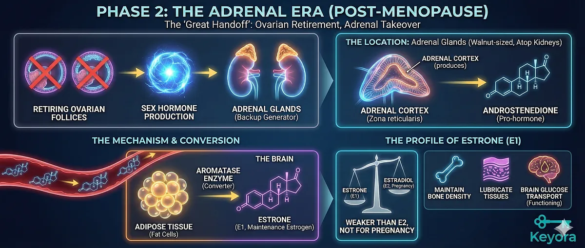 The Adrenal Era phase describes the "Great Handoff" where sex hormone production shifts from the ovaries to the Adrenal Glands. This backup system produces Estrone (E1), a "Maintenance Estrogen" that sustains bone density and brain glucose transport, preventing the body from hitting a hormonal zero. The Adrenal Era phase describes the "Great Handoff" where sex hormone production shifts from the ovaries to the Adrenal Glands. This backup system produces Estrone (E1), a "Maintenance Estrogen" that sustains bone density and brain glucose transport, preventing the body from hitting a hormonal zero.