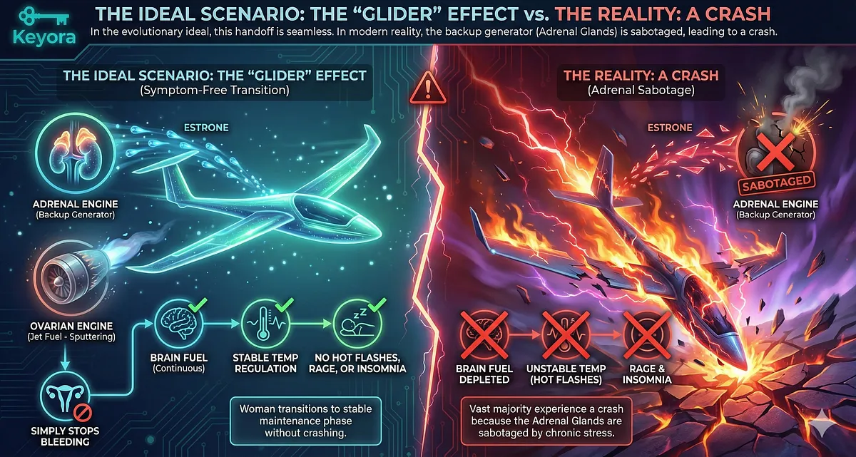 The Ideal Scenario explains the "Glider" effect where a seamless ovarian-to-adrenal handoff allows a symptom-free menopause transition. In this evolutionary ideal, adrenal glands provide a stable stream of fuel. However, modern stress sabotages this backup generator, turning a smooth glide into a metabolic crash. The Ideal Scenario explains the "Glider" effect where a seamless ovarian-to-adrenal handoff allows a symptom-free menopause transition. In this evolutionary ideal, adrenal glands provide a stable stream of fuel. However, modern stress sabotages this backup generator, turning a smooth glide into a metabolic crash.