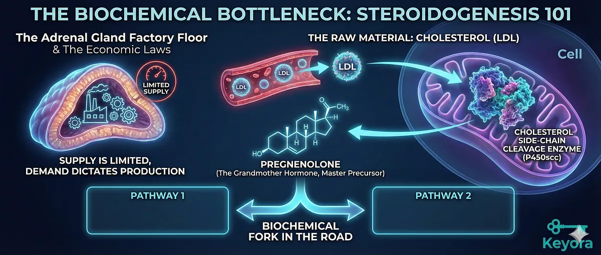 The Steroidogenesis 101 section details the molecular machinery of the adrenal gland where all hormones share a common ancestor: Cholesterol. Known as the "Grandmother Hormone," Pregnenolone is the master precursor that must choose a biochemical fork in the road toward either stress hormones or sex hormones. The Steroidogenesis 101 section details the molecular machinery of the adrenal gland where all hormones share a common ancestor: Cholesterol. Known as the "Grandmother Hormone," Pregnenolone is the master precursor that must choose a biochemical fork in the road toward either stress hormones or sex hormones.