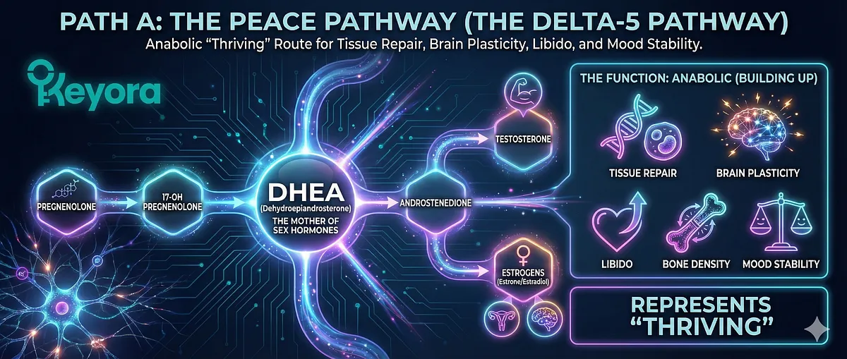 The War Pathway (Delta-4) illustrates the adrenal glands prioritizing survival over reproduction. It shows the metabolic route from Pregnenolone to Cortisol. This catabolic process mobilizes glucose and heightens vigilance, representing the body's shift toward "Surviving" mode under stress.A diagram illustrating Path A, also known as The Peace Pathway or The Delta-5 Pathway. The flow begins with Pregnenolone, moving to 17-OH Pregnenolone, and then to DHEA. DHEA acts as the precursor for sex hormones, converting into Androstenedione, Testosterone, and Estrogens. This anabolic pathway is associated with "Thriving," showing its role in tissue repair, brain plasticity, libido, bone density, and mood stability. The War Pathway (Delta-4) illustrates the adrenal glands prioritizing survival over reproduction. It shows the metabolic route from Pregnenolone to Cortisol. This catabolic process mobilizes glucose and heightens vigilance, representing the body's shift toward "Surviving" mode under stress.A diagram illustrating Path A, also known as The Peace Pathway or The Delta-5 Pathway. The flow begins with Pregnenolone, moving to 17-OH Pregnenolone, and then to DHEA. DHEA acts as the precursor for sex hormones, converting into Androstenedione, Testosterone, and Estrogens. This anabolic pathway is associated with "Thriving," showing its role in tissue repair, brain plasticity, libido, bone density, and mood stability.