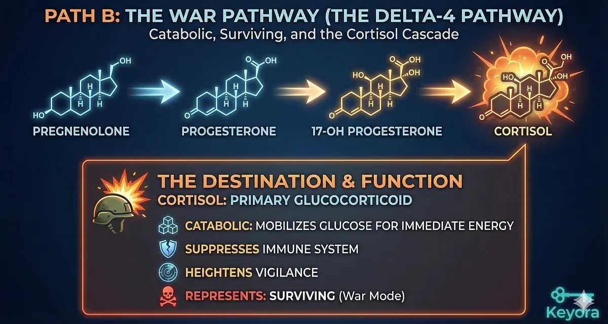 The Economic Constraint section explains the adrenal cortex as a Zero-Sum Game due to a limited supply of Pregnenolone. Because mitochondria have a finite production capacity, the body cannot maximize stress and sex hormones simultaneously; when the "War Pathway" is prioritized, the "Peace Pathway" is starved. The Economic Constraint section explains the adrenal cortex as a Zero-Sum Game due to a limited supply of Pregnenolone. Because mitochondria have a finite production capacity, the body cannot maximize stress and sex hormones simultaneously; when the "War Pathway" is prioritized, the "Peace Pathway" is starved.