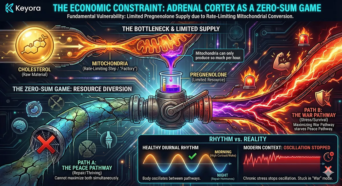 The Economic Constraint section explains the adrenal cortex as a Zero-Sum Game due to a limited supply of Pregnenolone. Because mitochondria have a finite production capacity, the body cannot maximize stress and sex hormones simultaneously; when the "War Pathway" is prioritized, the "Peace Pathway" is starved. The Economic Constraint section explains the adrenal cortex as a Zero-Sum Game due to a limited supply of Pregnenolone. Because mitochondria have a finite production capacity, the body cannot maximize stress and sex hormones simultaneously; when the "War Pathway" is prioritized, the "Peace Pathway" is starved.