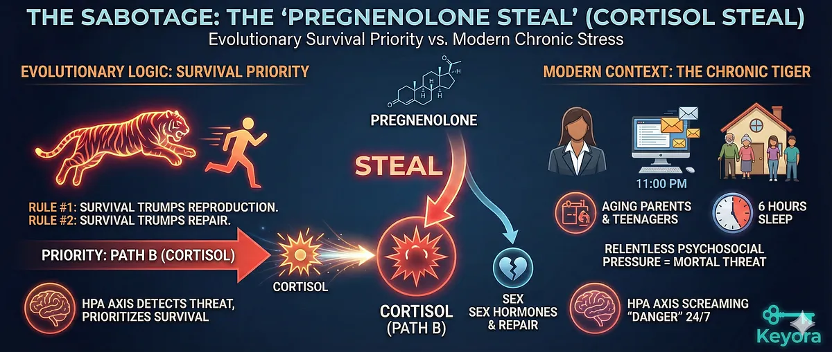 An infographic illustrating the "Pregnenolone Steal" or "Cortisol Steal" mechanism. The visual depicts the biological hierarchy where survival mechanisms override long-term health. It shows how the body diverts resources from Path A (repair and reproduction) to Path B (Cortisol production). The context highlights the modern "Chronic Tiger": persistent stressors like career demands and family care. The HPA Axis is shown in a state of constant activation, prioritizing immediate survival over bone density and libido. An infographic illustrating the "Pregnenolone Steal" or "Cortisol Steal" mechanism. The visual depicts the biological hierarchy where survival mechanisms override long-term health. It shows how the body diverts resources from Path A (repair and reproduction) to Path B (Cortisol production). The context highlights the modern "Chronic Tiger": persistent stressors like career demands and family care. The HPA Axis is shown in a state of constant activation, prioritizing immediate survival over bone density and libido.