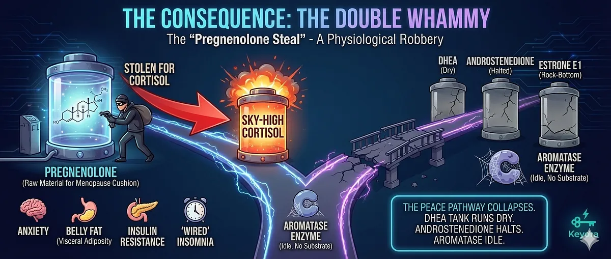 A visual representation of the "Double Whammy" caused by the Pregnenolone Steal. The diagram shows a physiological robbery where raw materials for menopause support are diverted. Pregnenolone, intended for DHEA and Estrone, is instead forcefully converted into Cortisol. One side shows the impact of Sky-High Cortisol: anxiety, belly fat, insulin resistance, and insomnia. The other side shows the collapse of the Peace Pathway: rock-bottom estrogen, dry DHEA tanks, and halted hormone production. The Aromatase enzyme is depicted as idle because the substrate required for conversion has been stolen. A visual representation of the "Double Whammy" caused by the Pregnenolone Steal. The diagram shows a physiological robbery where raw materials for menopause support are diverted. Pregnenolone, intended for DHEA and Estrone, is instead forcefully converted into Cortisol. One side shows the impact of Sky-High Cortisol: anxiety, belly fat, insulin resistance, and insomnia. The other side shows the collapse of the Peace Pathway: rock-bottom estrogen, dry DHEA tanks, and halted hormone production. The Aromatase enzyme is depicted as idle because the substrate required for conversion has been stolen.