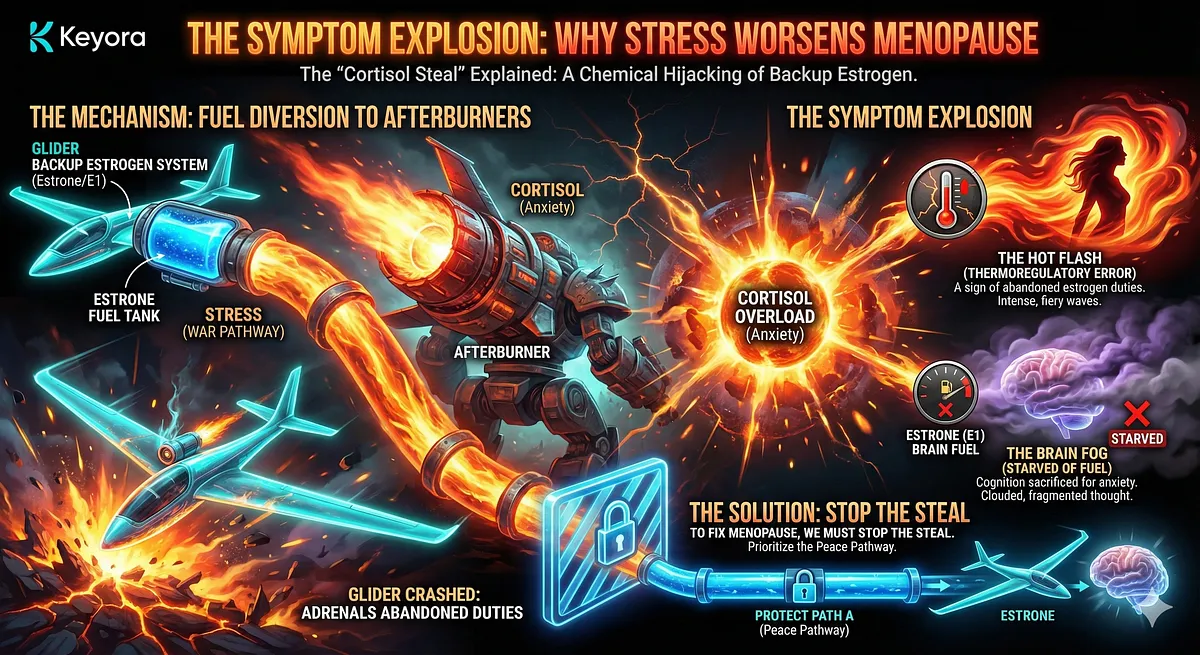 An infographic explaining the "Symptom Explosion" during menopause caused by chronic stress. It illustrates how stress chemically depletes backup estrogen, leaving the body without its hormonal safety net. A "Crashed Glider" metaphor shows the failure of the adrenals to produce estrogen when fuel is diverted to cortisol. The visual links hot flashes to the adrenal glands abandoning their maintenance duties to fight a "stress war." It also depicts brain fog as the brain being starved of its maintenance fuel, Estrone (E1), in favor of Cortisol-driven anxiety. An infographic explaining the "Symptom Explosion" during menopause caused by chronic stress. It illustrates how stress chemically depletes backup estrogen, leaving the body without its hormonal safety net. A "Crashed Glider" metaphor shows the failure of the adrenals to produce estrogen when fuel is diverted to cortisol. The visual links hot flashes to the adrenal glands abandoning their maintenance duties to fight a "stress war." It also depicts brain fog as the brain being starved of its maintenance fuel, Estrone (E1), in favor of Cortisol-driven anxiety.