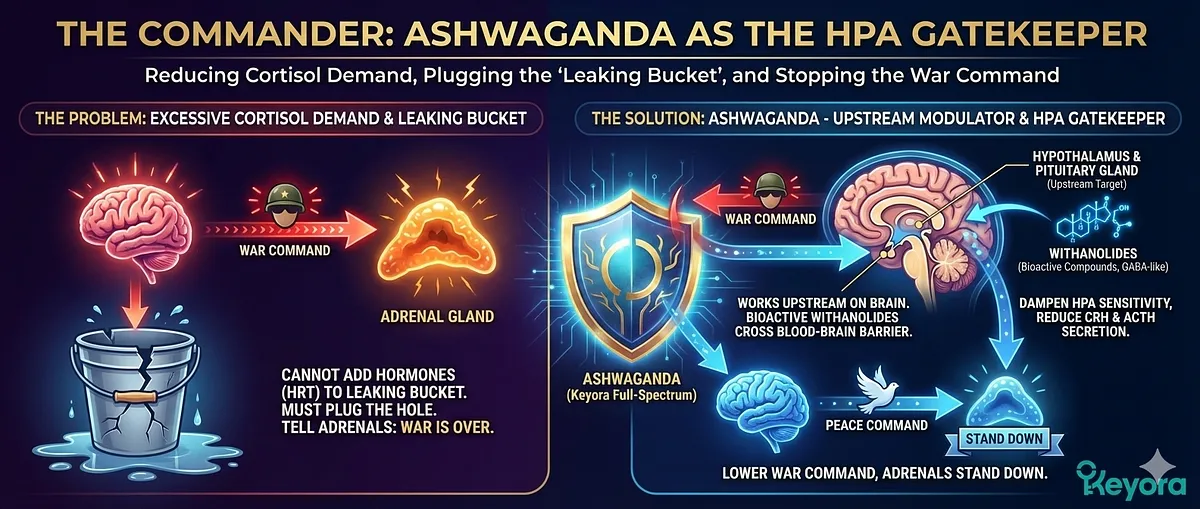 An infographic featuring Ashwagandha as "The Commander" and the "HPA Gatekeeper." The visual shows Ashwagandha working upstream on the brain rather than just the adrenal glands. It illustrates Withanolides crossing the Blood-Brain Barrier to act on the Hypothalamus and Pituitary. The diagram depicts the dampening of CRH and ACTH signals, effectively lowering the "War Command." By plugging the physiological leak, the Adrenal Glands are shown receiving the signal to stand down from cortisol production. An infographic featuring Ashwagandha as "The Commander" and the "HPA Gatekeeper." The visual shows Ashwagandha working upstream on the brain rather than just the adrenal glands. It illustrates Withanolides crossing the Blood-Brain Barrier to act on the Hypothalamus and Pituitary. The diagram depicts the dampening of CRH and ACTH signals, effectively lowering the "War Command." By plugging the physiological leak, the Adrenal Glands are shown receiving the signal to stand down from cortisol production.