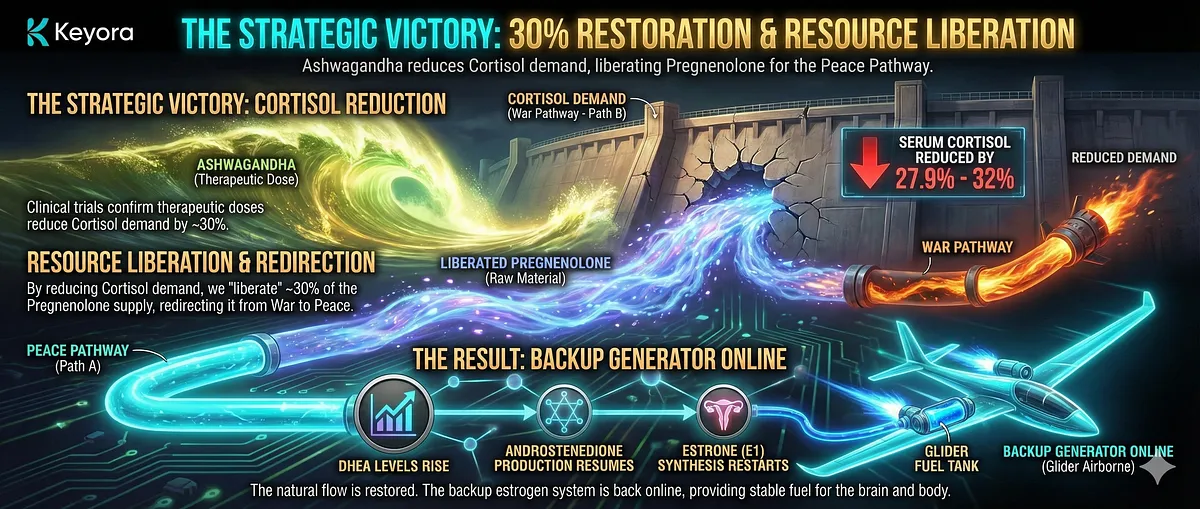 A graph and diagram illustrating "The Strategic Victory" through Ashwagandha supplementation. Data shows a clinical reduction of Serum Cortisol by approximately 27.9% to 32%. The visual depicts the "liberation" of the Pregnenolone supply, diverting it away from the Path B "War Pathway." This freed raw material flows back into Path A, the "Peace Pathway," restarting natural hormone synthesis. The final stage shows rising DHEA levels, resumed Androstenedione production, and the restart of Estrone (E1) synthesis. A graph and diagram illustrating "The Strategic Victory" through Ashwagandha supplementation. Data shows a clinical reduction of Serum Cortisol by approximately 27.9% to 32%. The visual depicts the "liberation" of the Pregnenolone supply, diverting it away from the Path B "War Pathway." This freed raw material flows back into Path A, the "Peace Pathway," restarting natural hormone synthesis. The final stage shows rising DHEA levels, resumed Androstenedione production, and the restart of Estrone (E1) synthesis.