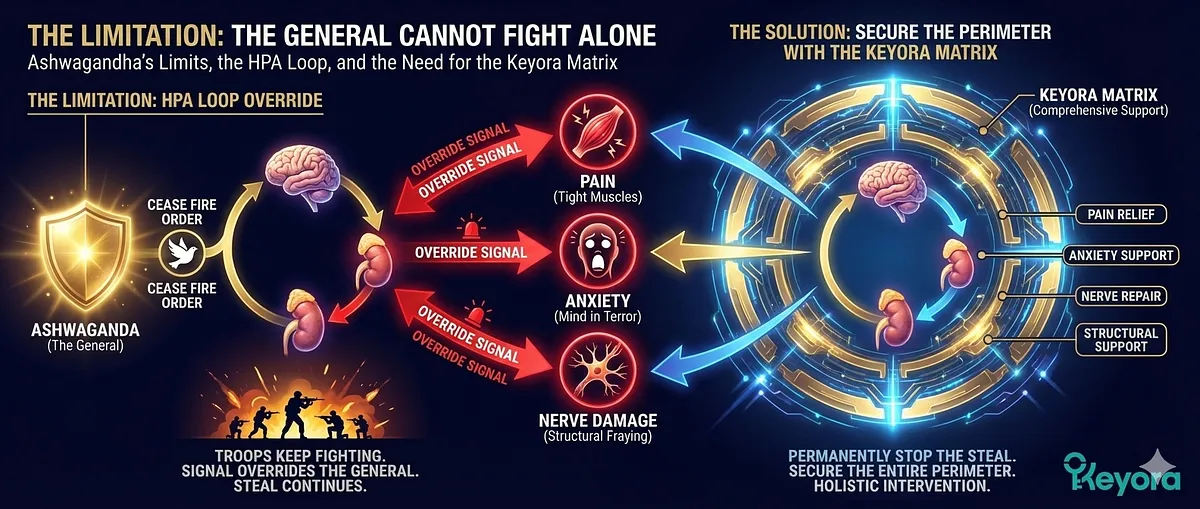 An illustration titled "The General Cannot Fight Alone," depicting the limitations of Ashwagandha. The visual shows Ashwagandha as a General issuing a "Cease Fire" order to the HPA Axis. Despite the order, external stressors like muscle pain, anxiety, and nerve damage are shown as "incoming fire" that overrides the command. The diagram highlights that the HPA Axis is a loop, where physical and mental distress can force the troops to keep fighting. The final panel introduces the "Keyora Matrix" as the necessary strategy to secure the entire physiological perimeter. An illustration titled "The General Cannot Fight Alone," depicting the limitations of Ashwagandha. The visual shows Ashwagandha as a General issuing a "Cease Fire" order to the HPA Axis. Despite the order, external stressors like muscle pain, anxiety, and nerve damage are shown as "incoming fire" that overrides the command. The diagram highlights that the HPA Axis is a loop, where physical and mental distress can force the troops to keep fighting. The final panel introduces the "Keyora Matrix" as the necessary strategy to secure the entire physiological perimeter.