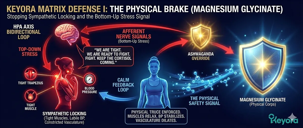 An illustration of the "Keyora Matrix Defense I" focusing on Magnesium Glycinate as the Physical Brake. The visual depicts the bidirectional loop between the Brain and the Body, showing both top-down and bottom-up stress. It highlights "Sympathetic Locking," where tight muscles in the trapezius and jaw signal the brain to maintain cortisol production. Magnesium Glycinate is shown acting as the "Physical Corps," interrupting the feedback loop by relaxing somatic tissues. The diagram emphasizes how physical relaxation sends a safety signal back to the brainstem, supporting the "Cease Fire" order. An illustration of the "Keyora Matrix Defense I" focusing on Magnesium Glycinate as the Physical Brake. The visual depicts the bidirectional loop between the Brain and the Body, showing both top-down and bottom-up stress. It highlights "Sympathetic Locking," where tight muscles in the trapezius and jaw signal the brain to maintain cortisol production. Magnesium Glycinate is shown acting as the "Physical Corps," interrupting the feedback loop by relaxing somatic tissues. The diagram emphasizes how physical relaxation sends a safety signal back to the brainstem, supporting the "Cease Fire" order.