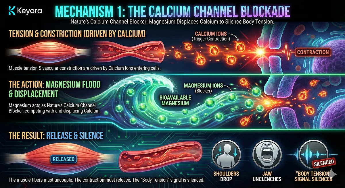 A diagram explaining "Mechanism 1: The Calcium Channel Blockade" featuring Magnesium as the key regulator. The visual shows Calcium ions entering cells to trigger muscle contraction and vascular constriction. Magnesium is depicted as the "Calcium Channel Blocker," competing for entry channels and displacing Calcium ions. The sequence shows muscle fibers uncoupling and releasing their tension as a direct result of this displacement. The final illustration shows the physical impact: shoulders dropping, the jaw unclenching, and the "Body Tension" signal being silenced. A diagram explaining "Mechanism 1: The Calcium Channel Blockade" featuring Magnesium as the key regulator. The visual shows Calcium ions entering cells to trigger muscle contraction and vascular constriction. Magnesium is depicted as the "Calcium Channel Blocker," competing for entry channels and displacing Calcium ions. The sequence shows muscle fibers uncoupling and releasing their tension as a direct result of this displacement. The final illustration shows the physical impact: shoulders dropping, the jaw unclenching, and the "Body Tension" signal being silenced.