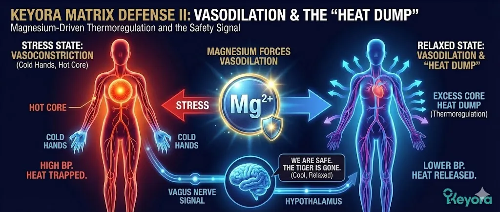 A diagram explaining "Mechanism 2: Vasodilation and the Heat Dump" within the Keyora Matrix. It illustrates the shift from stress-induced vasoconstriction (cold hands, hot core) to Magnesium-driven vasodilation. The visual shows peripheral blood vessels opening, which lowers blood pressure and facilitates the release of excess core heat. An arrow traces the signal from the relaxed, cooled body through the Vagus Nerve back to the Hypothalamus. The final panel depicts the brain receiving the "Safety Signal," confirming that the physiological threat has passed. A diagram explaining "Mechanism 2: Vasodilation and the Heat Dump" within the Keyora Matrix. It illustrates the shift from stress-induced vasoconstriction (cold hands, hot core) to Magnesium-driven vasodilation. The visual shows peripheral blood vessels opening, which lowers blood pressure and facilitates the release of excess core heat. An arrow traces the signal from the relaxed, cooled body through the Vagus Nerve back to the Hypothalamus. The final panel depicts the brain receiving the "Safety Signal," confirming that the physiological threat has passed.