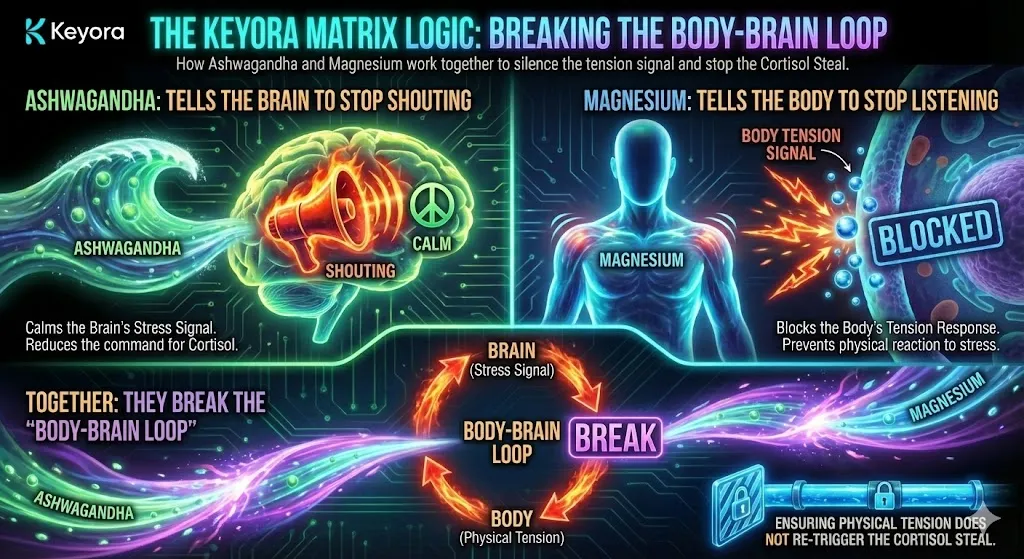 A summary diagram of the "Keyora Matrix Logic" showing the synergy between Ashwagandha and Magnesium. The visual depicts the "Body-Brain Loop" with arrows indicating the bidirectional flow of stress signals. Ashwagandha is positioned at the top, labeled as the "Brain Commander" telling the brain to stop shouting stress commands. Magnesium is positioned at the bottom, labeled as the "Physical Brake" telling the body to stop listening to those commands. The final image shows the broken loop, preventing physical tension from re-triggering the "Cortisol Steal" and restoring systemic balance. A summary diagram of the "Keyora Matrix Logic" showing the synergy between Ashwagandha and Magnesium. The visual depicts the "Body-Brain Loop" with arrows indicating the bidirectional flow of stress signals. Ashwagandha is positioned at the top, labeled as the "Brain Commander" telling the brain to stop shouting stress commands. Magnesium is positioned at the bottom, labeled as the "Physical Brake" telling the body to stop listening to those commands. The final image shows the broken loop, preventing physical tension from re-triggering the "Cortisol Steal" and restoring systemic balance.