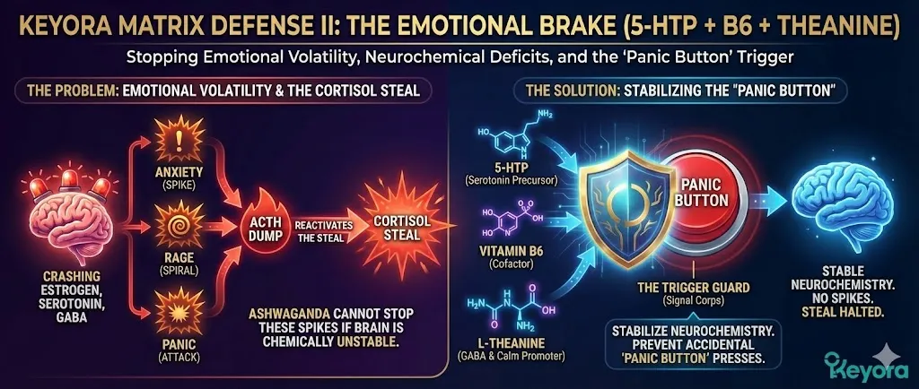 An illustration of Keyora Matrix Defense II, titled "The Emotional Brake." The visual highlights the link between crashing Estrogen and the depletion of Serotonin and GABA during menopause. It depicts how neurochemical instability leads to "Panic Buttons" of anxiety, rage, and panic. These emotional spikes are shown triggering massive dumps of ACTH, which reactivate the Cortisol Steal. The combination of 5-HTP, Vitamin B6, and L-Theanine is shown as the "Trigger Guard," stabilizing the brain's chemistry to prevent accidental stress activation. An illustration of Keyora Matrix Defense II, titled "The Emotional Brake." The visual highlights the link between crashing Estrogen and the depletion of Serotonin and GABA during menopause. It depicts how neurochemical instability leads to "Panic Buttons" of anxiety, rage, and panic. These emotional spikes are shown triggering massive dumps of ACTH, which reactivate the Cortisol Steal. The combination of 5-HTP, Vitamin B6, and L-Theanine is shown as the "Trigger Guard," stabilizing the brain's chemistry to prevent accidental stress activation.