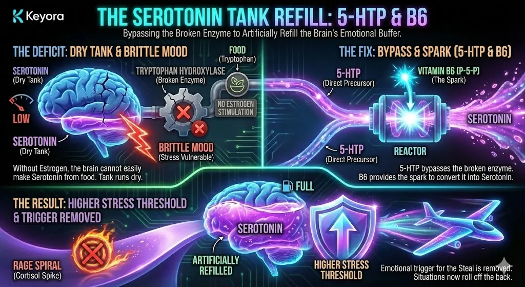 A diagram explaining "The Serotonin Tank Refill" mechanism involving 5-HTP and Vitamin B6. The visual shows how the lack of Estrogen breaks the enzyme Tryptophan Hydroxylase, leaving the Serotonin tank empty and mood brittle. 5-HTP is illustrated as the direct precursor that bypasses this broken step to enter the brain. Vitamin B6 (P-5-P) is depicted as the "spark" or catalyst that completes the conversion into active Serotonin. The final panel shows a refilled Serotonin tank and a raised "Stress Threshold," where emotional triggers no longer activate the Cortisol Steal. A diagram explaining "The Serotonin Tank Refill" mechanism involving 5-HTP and Vitamin B6. The visual shows how the lack of Estrogen breaks the enzyme Tryptophan Hydroxylase, leaving the Serotonin tank empty and mood brittle. 5-HTP is illustrated as the direct precursor that bypasses this broken step to enter the brain. Vitamin B6 (P-5-P) is depicted as the "spark" or catalyst that completes the conversion into active Serotonin. The final panel shows a refilled Serotonin tank and a raised "Stress Threshold," where emotional triggers no longer activate the Cortisol Steal.