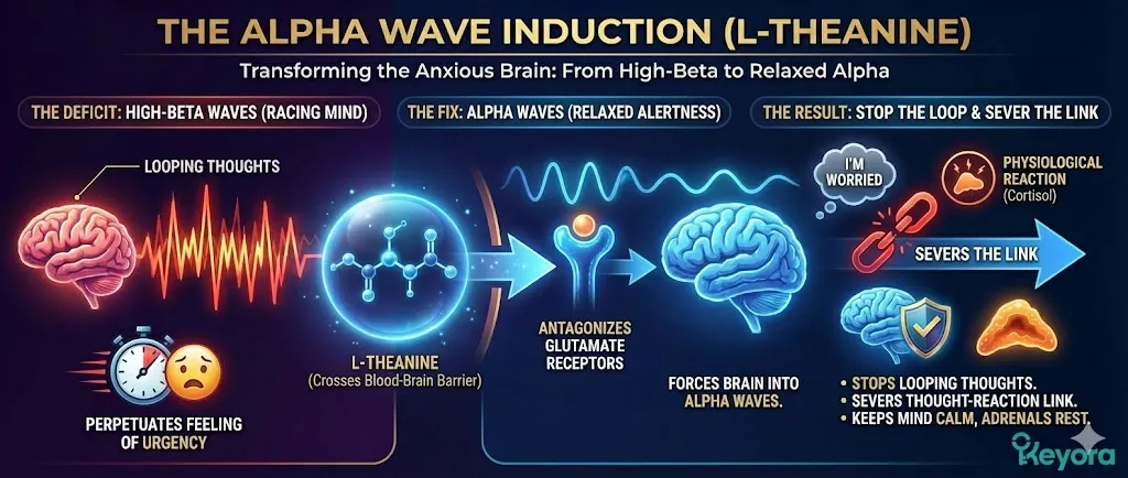 A diagram illustrating "The Alpha Wave Induction" mechanism featuring L-Theanine. The visual depicts an anxious brain stuck in High-Beta Waves, represented by jagged lines indicating a racing mind and urgency. L-Theanine is shown crossing the Blood-Brain Barrier to antagonize Glutamate receptors, the brain's primary excitatory signals. The transformation shows the brain waves shifting into smooth Alpha Waves, representing a state of relaxed alertness. The final panel illustrates the result: looping thoughts are stopped, and the link between worry and the physiological Cortisol reaction is severed. A diagram illustrating "The Alpha Wave Induction" mechanism featuring L-Theanine. The visual depicts an anxious brain stuck in High-Beta Waves, represented by jagged lines indicating a racing mind and urgency. L-Theanine is shown crossing the Blood-Brain Barrier to antagonize Glutamate receptors, the brain's primary excitatory signals. The transformation shows the brain waves shifting into smooth Alpha Waves, representing a state of relaxed alertness. The final panel illustrates the result: looping thoughts are stopped, and the link between worry and the physiological Cortisol reaction is severed.