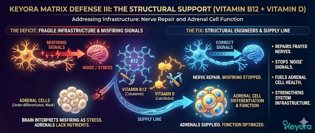 An illustration of "Keyora Matrix Defense III: The Structural Support," featuring Vitamin B12 and Vitamin D. The visual depicts the body's internal infrastructure, highlighting how chronic stress leads to "frayed" nerves and misfiring signals. These misfiring signals are shown being misinterpreted by the brain as additional "noise" or "stress," creating a secondary loop. Vitamin B12 and Vitamin D are represented as "Structural Engineers" overseeing the supply line and cellular integrity. The diagram emphasizes their role in providing the essential nutrients required for adrenal cells to differentiate and function correctly. An illustration of "Keyora Matrix Defense III: The Structural Support," featuring Vitamin B12 and Vitamin D. The visual depicts the body's internal infrastructure, highlighting how chronic stress leads to "frayed" nerves and misfiring signals. These misfiring signals are shown being misinterpreted by the brain as additional "noise" or "stress," creating a secondary loop. Vitamin B12 and Vitamin D are represented as "Structural Engineers" overseeing the supply line and cellular integrity. The diagram emphasizes their role in providing the essential nutrients required for adrenal cells to differentiate and function correctly.