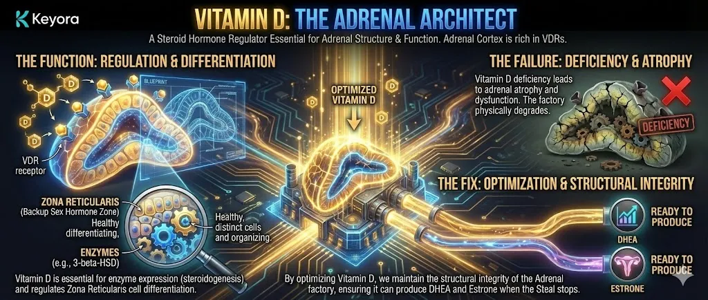 A technical diagram titled "Vitamin D: The Adrenal Architect," illustrating the structural role of Vitamin D in hormone production. The visual shows the Adrenal Cortex as a factory, highlighting the Zona Reticularis as the specific area responsible for backup sex hormones. Vitamin D is shown binding to receptors (VDRs) to regulate the expression of enzymes like 3-beta-HSD, which are essential for steroidogenesis. The contrast depicts "Adrenal Atrophy" from deficiency versus "Structural Integrity" from optimized Vitamin D levels. The final panel emphasizes that Vitamin D maintains the physical "factory" so it is ready to produce DHEA and Estrone once the stress response subsides. A technical diagram titled "Vitamin D: The Adrenal Architect," illustrating the structural role of Vitamin D in hormone production. The visual shows the Adrenal Cortex as a factory, highlighting the Zona Reticularis as the specific area responsible for backup sex hormones. Vitamin D is shown binding to receptors (VDRs) to regulate the expression of enzymes like 3-beta-HSD, which are essential for steroidogenesis. The contrast depicts "Adrenal Atrophy" from deficiency versus "Structural Integrity" from optimized Vitamin D levels. The final panel emphasizes that Vitamin D maintains the physical "factory" so it is ready to produce DHEA and Estrone once the stress response subsides.