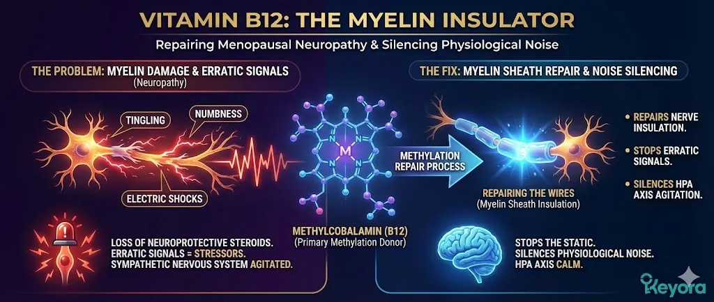 A diagram titled "Vitamin B12: The Myelin Insulator," illustrating the repair of the nervous system's infrastructure. The visual shows "frayed" nerve fibers with damaged insulation, causing "electric shock" sensations and tingling. These erratic nerve signals are depicted as stressors that keep the Sympathetic Nervous System in a state of agitation. Methylcobalamin (B12) is shown as the primary repair agent, donating molecules to restore and insulate the Myelin Sheath. The final panel shows repaired, smooth "wiring" and the silencing of the physiological noise that keeps the HPA Axis on edge. A diagram titled "Vitamin B12: The Myelin Insulator," illustrating the repair of the nervous system's infrastructure. The visual shows "frayed" nerve fibers with damaged insulation, causing "electric shock" sensations and tingling. These erratic nerve signals are depicted as stressors that keep the Sympathetic Nervous System in a state of agitation. Methylcobalamin (B12) is shown as the primary repair agent, donating molecules to restore and insulate the Myelin Sheath. The final panel shows repaired, smooth "wiring" and the silencing of the physiological noise that keeps the HPA Axis on edge.