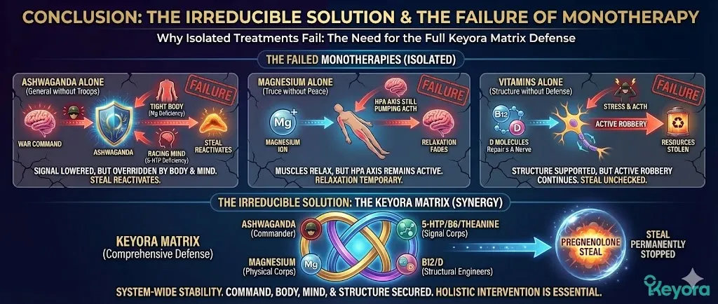 A final conceptual diagram titled "Conclusion: The Irreducible Solution," mapping the complete anatomy of the "Great Handoff." The visual integrates all previous elements: the Pregnenolone Steal, the HPA Axis, and the Keyora Matrix defenses. It illustrates why "Monotherapy" (taking only one supplement) fails by showing gaps in the defensive perimeter. Ashwagandha alone is shown as a signal without physical support; Magnesium alone as temporary relief without hormonal regulation. The diagram emphasizes that only a multi-layered approach can effectively stop the active "robbery" of estrogen precursors and restore balance. A final conceptual diagram titled "Conclusion: The Irreducible Solution," mapping the complete anatomy of the "Great Handoff." The visual integrates all previous elements: the Pregnenolone Steal, the HPA Axis, and the Keyora Matrix defenses. It illustrates why "Monotherapy" (taking only one supplement) fails by showing gaps in the defensive perimeter. Ashwagandha alone is shown as a signal without physical support; Magnesium alone as temporary relief without hormonal regulation. The diagram emphasizes that only a multi-layered approach can effectively stop the active "robbery" of estrogen precursors and restore balance.