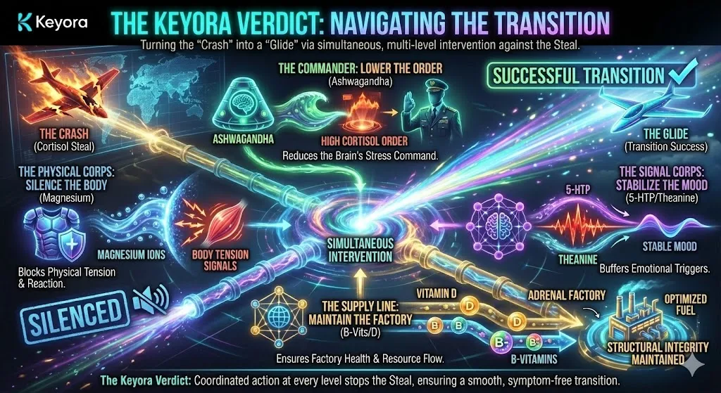 A comprehensive summary diagram titled "The Keyora Verdict," illustrating the multi-level intervention strategy. The visual depicts the transformation from a hormonal "Crash" into a smooth "Glide." It maps out the four essential divisions of the Keyora Matrix working in unison. The Commander (Ashwagandha) is shown lowering the brain's stress orders. The Physical Corps (Magnesium) silences bodily tension, while the Signal Corps (5-HTP/Theanine) stabilizes the mood. The Supply Line (B-Vitamins/D) is shown maintaining the structural integrity of the adrenal factory. A comprehensive summary diagram titled "The Keyora Verdict," illustrating the multi-level intervention strategy. The visual depicts the transformation from a hormonal "Crash" into a smooth "Glide." It maps out the four essential divisions of the Keyora Matrix working in unison. The Commander (Ashwagandha) is shown lowering the brain's stress orders. The Physical Corps (Magnesium) silences bodily tension, while the Signal Corps (5-HTP/Theanine) stabilizes the mood. The Supply Line (B-Vitamins/D) is shown maintaining the structural integrity of the adrenal factory.