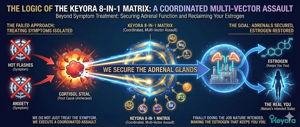 A final summary graphic illustrating the "Keyora 8-in-1 Matrix" as a coordinated defense system. The visual transitions from fragmented symptom treatment to a multi-vector assault on the Cortisol Steal. It shows the eight active ingredients working as a unified shield around the Adrenal Glands. By securing the glands, the diagram demonstrates how the body is finally free to perform its natural function. The goal is clearly depicted: restoring the production of endogenous estrogen to maintain the user's identity and well-being. A final summary graphic illustrating the "Keyora 8-in-1 Matrix" as a coordinated defense system. The visual transitions from fragmented symptom treatment to a multi-vector assault on the Cortisol Steal. It shows the eight active ingredients working as a unified shield around the Adrenal Glands. By securing the glands, the diagram demonstrates how the body is finally free to perform its natural function. The goal is clearly depicted: restoring the production of endogenous estrogen to maintain the user's identity and well-being.