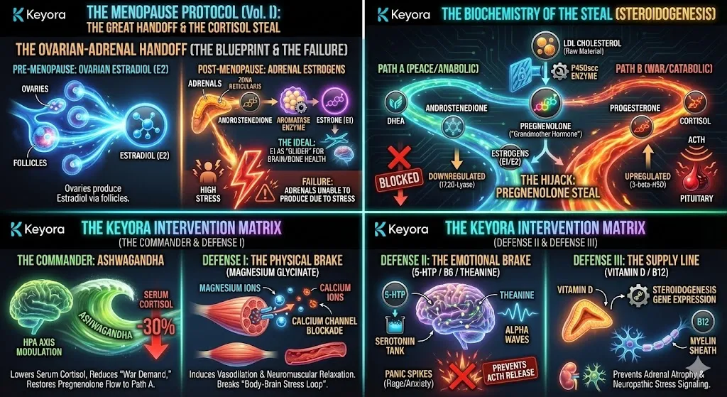 A comprehensive infographic summarizing The Menopause Protocol (Vol. I): The Great Handoff. The visual maps the transition from Ovarian Estradiol (E2) to Adrenal-produced Estrone (E1) via the Aromatase enzyme. It details the biochemistry of "The Steal," where Pregnenolone is diverted from the Peace Pathway (DHEA/Estrogen) to the War Pathway (Cortisol). The Keyora Intervention Matrix is displayed as a multi-layered defense: Ashwagandha as The Commander, Magnesium as the Physical Brake, and 5-HTP/Theanine as the Emotional Brake. The final layer shows the Supply Line of Vitamin D and B12 providing the structural support and nerve insulation necessary to sustain the adrenal factory. A comprehensive infographic summarizing The Menopause Protocol (Vol. I): The Great Handoff. The visual maps the transition from Ovarian Estradiol (E2) to Adrenal-produced Estrone (E1) via the Aromatase enzyme. It details the biochemistry of "The Steal," where Pregnenolone is diverted from the Peace Pathway (DHEA/Estrogen) to the War Pathway (Cortisol). The Keyora Intervention Matrix is displayed as a multi-layered defense: Ashwagandha as The Commander, Magnesium as the Physical Brake, and 5-HTP/Theanine as the Emotional Brake. The final layer shows the Supply Line of Vitamin D and B12 providing the structural support and nerve insulation necessary to sustain the adrenal factory.