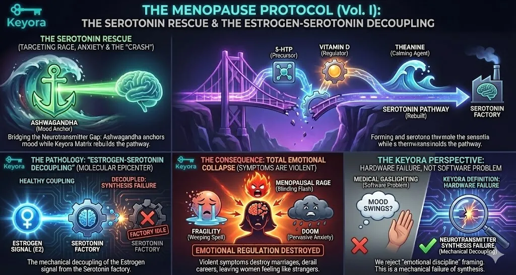 An infographic illustrating the "The Serotonin Rescue" and the molecular mechanics of "Estrogen-Serotonin Decoupling." The visual depicts the neurotransmitter gap that occurs during menopause, leading to sudden rage, fragility, and pervasive anxiety. It contrasts the "Psychological Framing" of mood swings with the reality of "Hardware Failure" in the brain's chemical synthesis. The diagram shows how the crash in Estrogen signals leads to the collapse of the Serotonin factory, resulting in a stranger-in-one's-body feeling. The Keyora Matrix is introduced as the repair crew, with Ashwagandha anchoring the mood while 5-HTP, Vitamin D, and Theanine rebuild the pathway. An infographic illustrating the "The Serotonin Rescue" and the molecular mechanics of "Estrogen-Serotonin Decoupling." The visual depicts the neurotransmitter gap that occurs during menopause, leading to sudden rage, fragility, and pervasive anxiety. It contrasts the "Psychological Framing" of mood swings with the reality of "Hardware Failure" in the brain's chemical synthesis. The diagram shows how the crash in Estrogen signals leads to the collapse of the Serotonin factory, resulting in a stranger-in-one's-body feeling. The Keyora Matrix is introduced as the repair crew, with Ashwagandha anchoring the mood while 5-HTP, Vitamin D, and Theanine rebuild the pathway.
