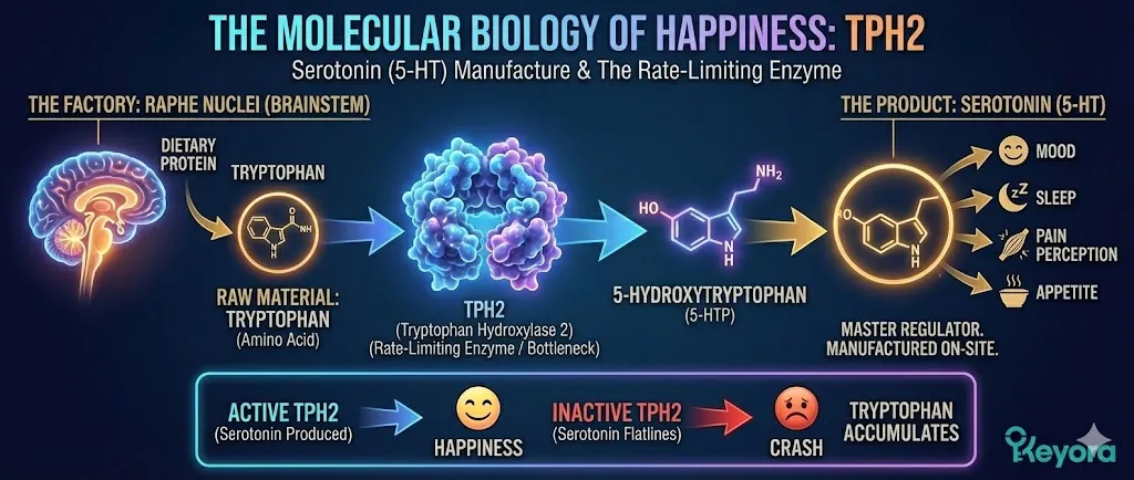 A molecular diagram of the Serotonin assembly line within the brain's raphe nuclei. The visual illustrates the process of Tryptophan being converted into 5-Hydroxytryptophan (5-HTP) and then into Serotonin. The central focus is the enzyme Tryptophan Hydroxylase 2 (TPH2), labeled as the "Rate-Limiting Enzyme" and "The Bottleneck." An illustration of a factory conveyor belt shows how the speed of TPH2 dictates the entire production volume of the brain's "Happiness Molecule." The final panel shows the contrast between an active TPH2 resulting in mood stability and an inactive TPH2 causing Serotonin levels to flatline. A molecular diagram of the Serotonin assembly line within the brain's raphe nuclei. The visual illustrates the process of Tryptophan being converted into 5-Hydroxytryptophan (5-HTP) and then into Serotonin. The central focus is the enzyme Tryptophan Hydroxylase 2 (TPH2), labeled as the "Rate-Limiting Enzyme" and "The Bottleneck." An illustration of a factory conveyor belt shows how the speed of TPH2 dictates the entire production volume of the brain's "Happiness Molecule." The final panel shows the contrast between an active TPH2 resulting in mood stability and an inactive TPH2 causing Serotonin levels to flatline.